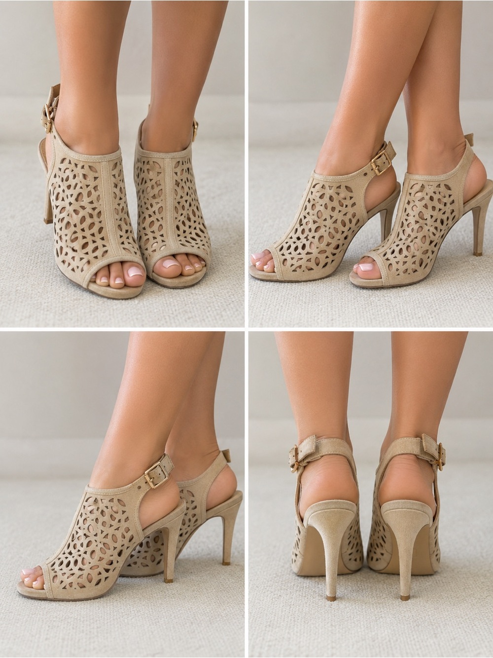 Reba Nude Suede Laser Cut Peep Toe Heels - Ankle Strap Size 8.5